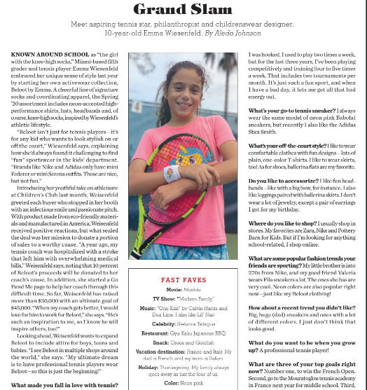 Earnshaw's: Meet aspiring tennis star, philanthropist and childrenswear designer: 10-year-old Emma Wiesenfeld.