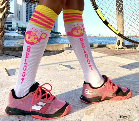 White & Neon Pink Knee High Socks