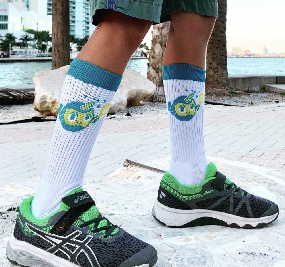 White & Teal Blue Crew Socks