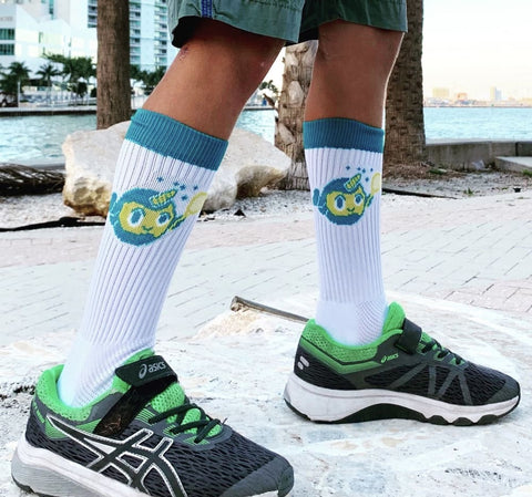 White & Teal Blue Crew Socks