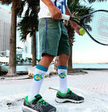 White & Teal Blue Crew Socks